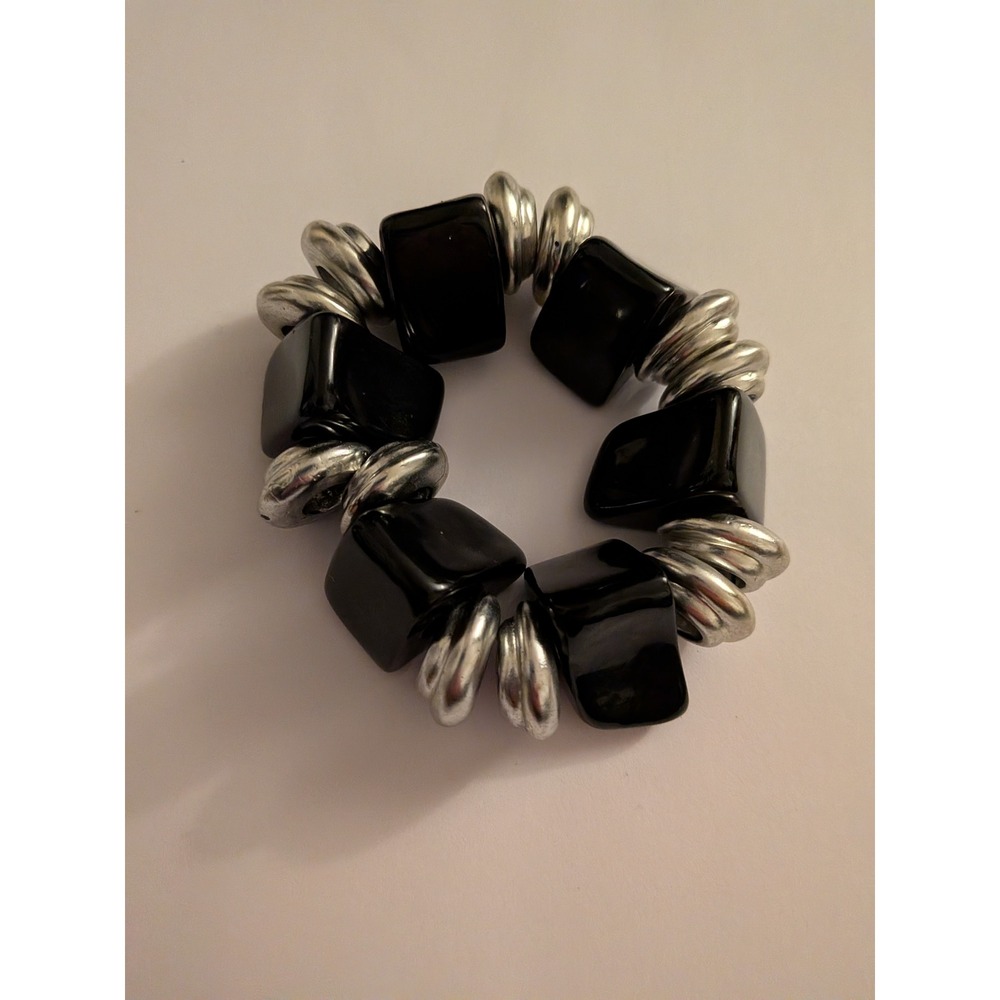 Chunky Black Resin Cube and Ribbed Silver Tone Stretch Statement Bracelet